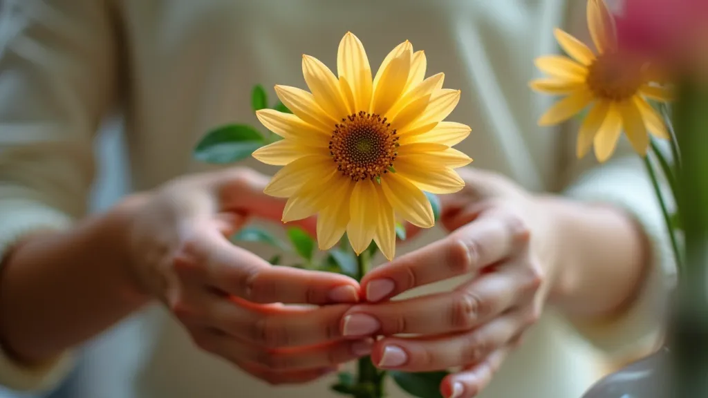 Hands calmly arranging a flower