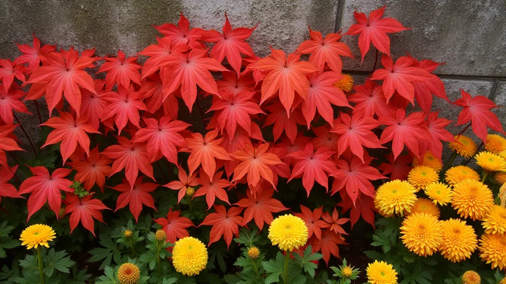 Autumn maple leaves and chrysanthemums