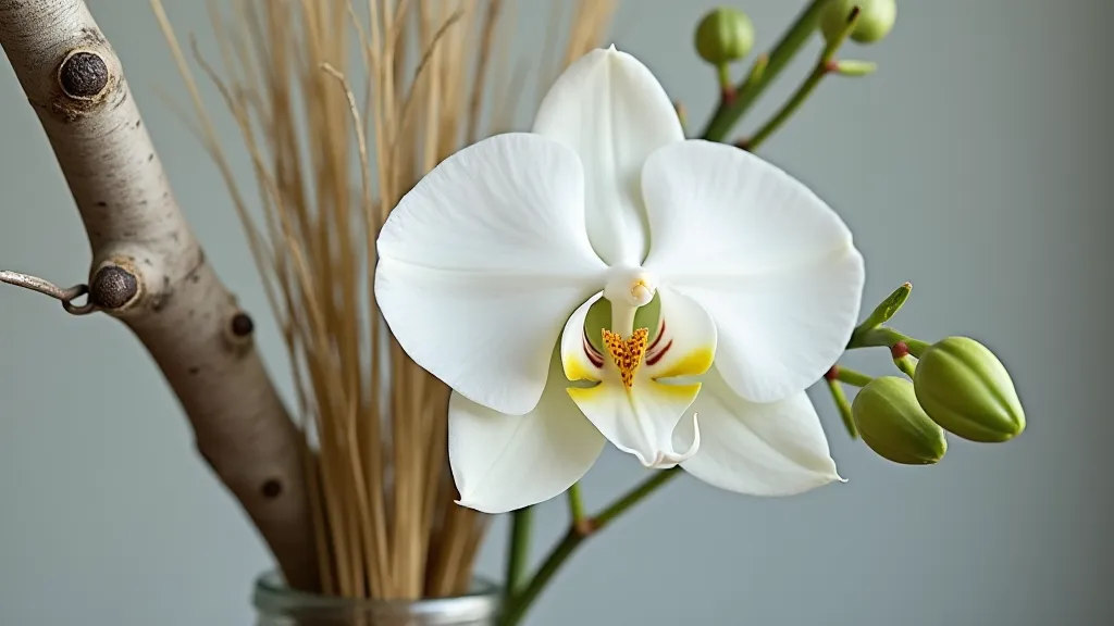 Birch branch and orchid in a glass vase