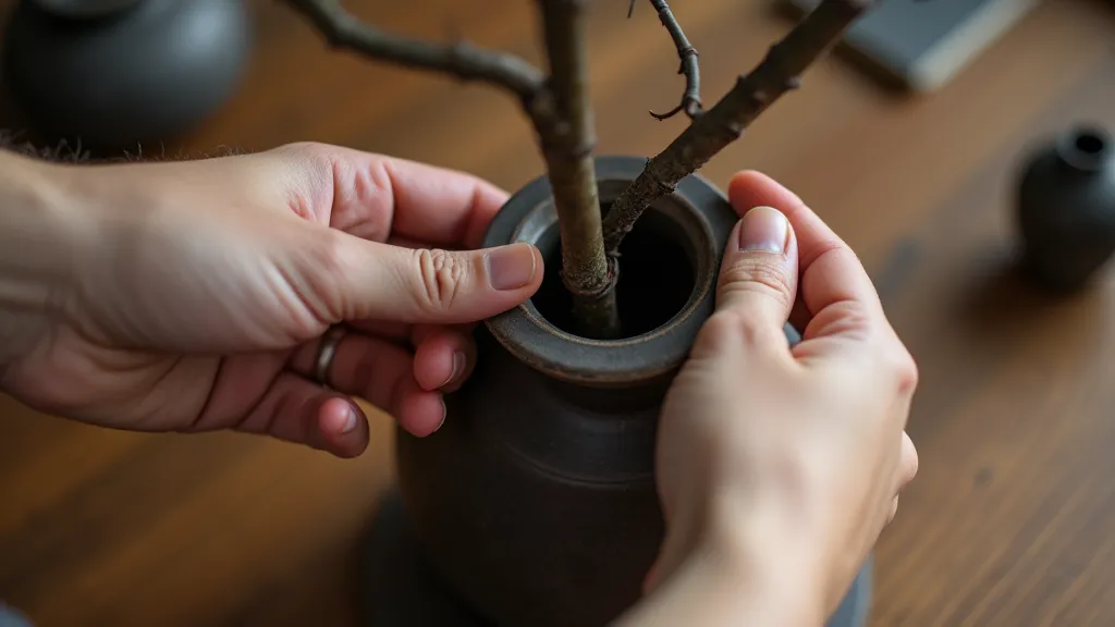 Branch being secured in a kenzan