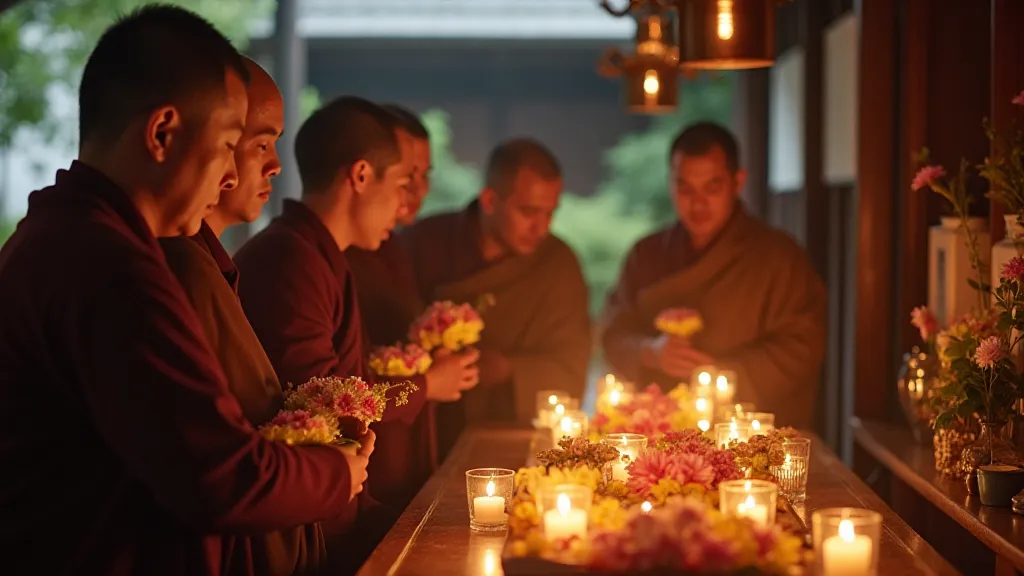 Buddhist monks presenting flower offerings