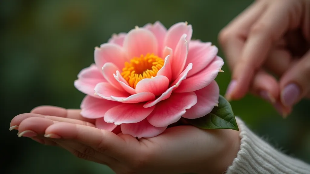 Camellia blossom held in fingers