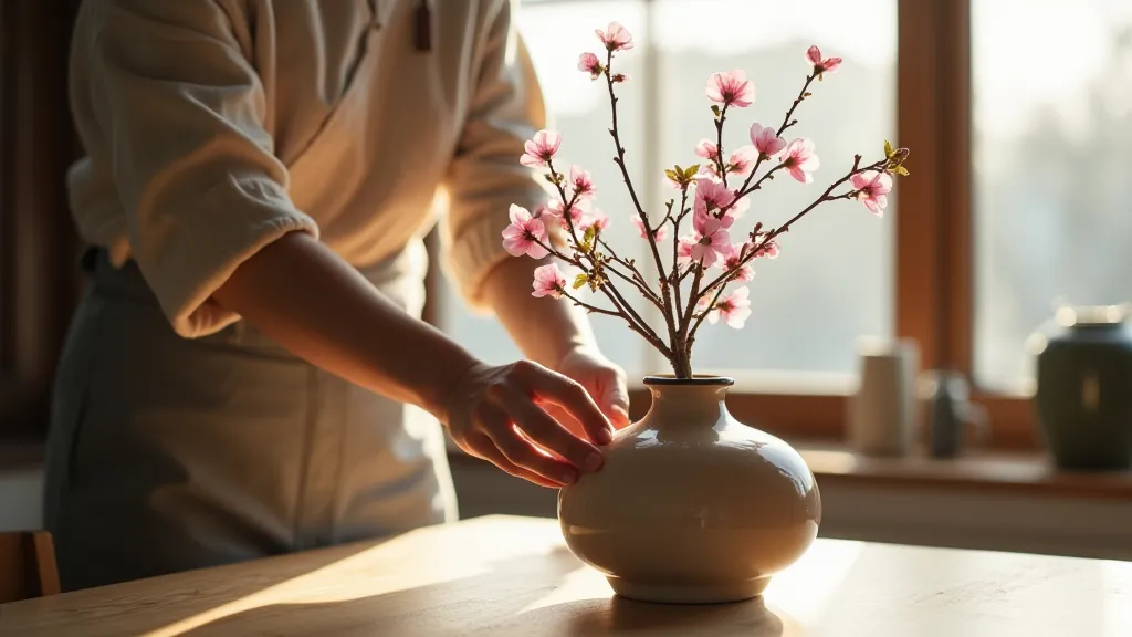 Cherry blossoms being placed into a vase
