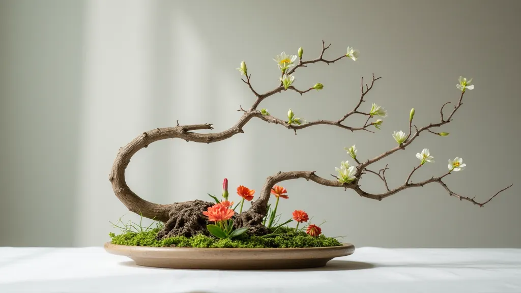 Finished Ikebana arrangement with a prominent branch