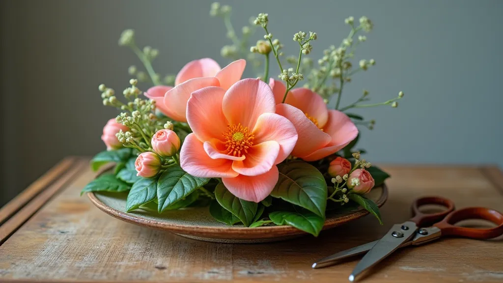 Ikebana arrangement with scissors