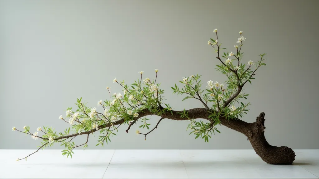 Ikebana arrangement with a curved branch