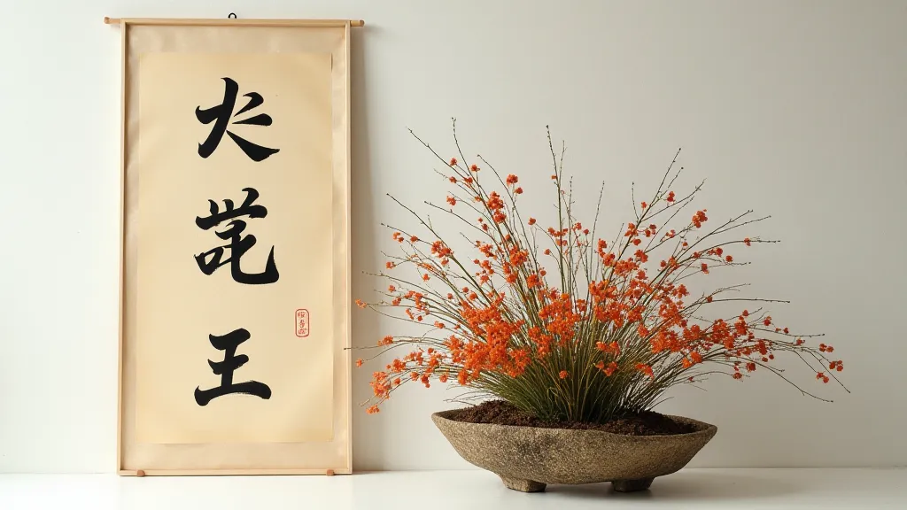 Ikebana arrangement beside Japanese calligraphy