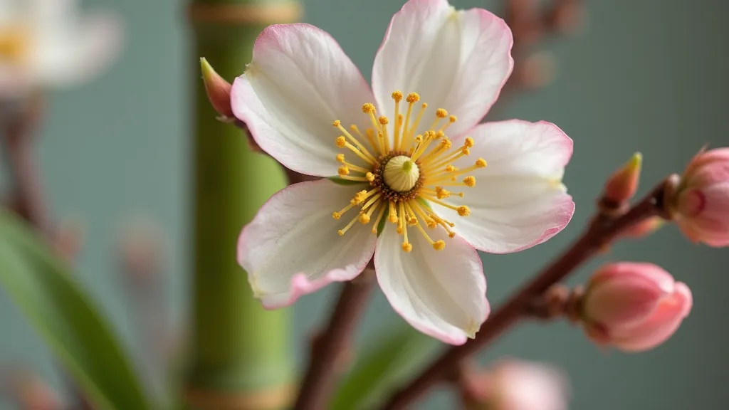 Delicate Ikebana arrangement with cherry blossoms and bamboo.