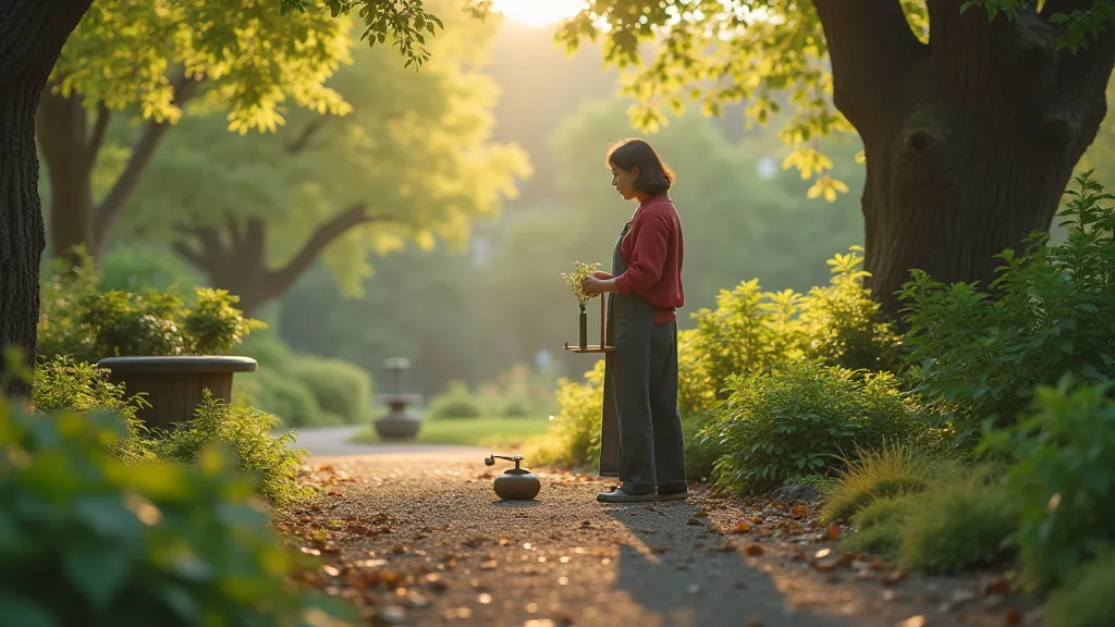 Person practicing Ikebana in a garden