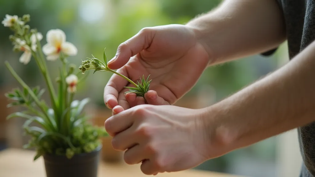 Hands arranging a stem in an Ikebana arrangement