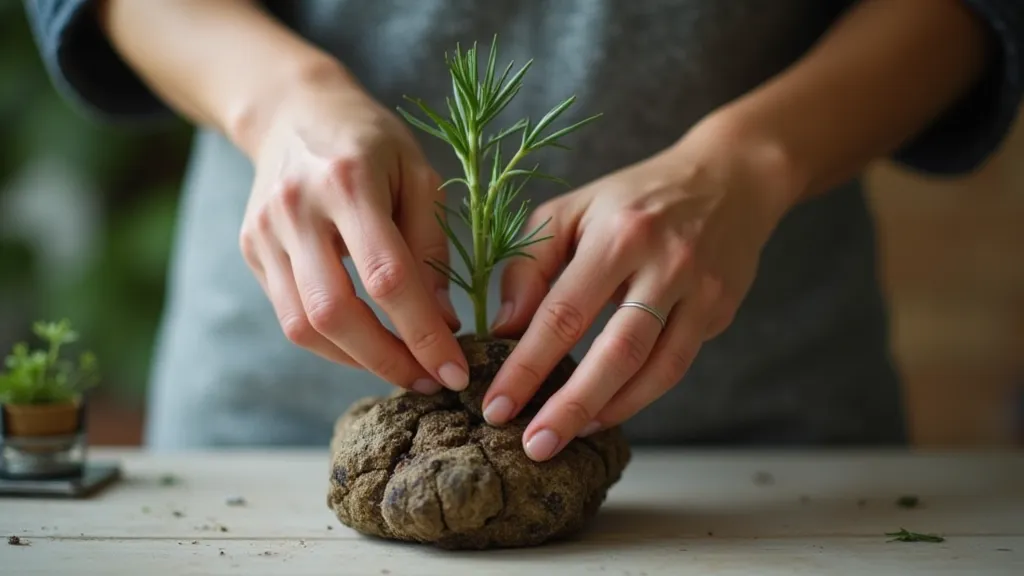 Hands placing branch in Ikebana