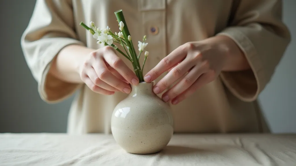 Hands arranging flowers in a vase.