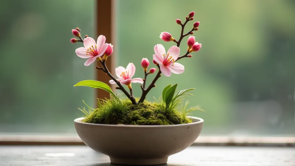 Mini Ikebana arrangement with cherry blossom
