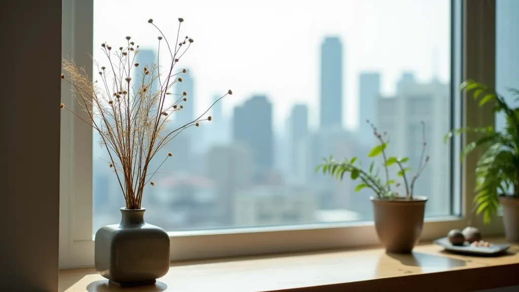 Dried reeds and fern in a ceramic vase with a city view