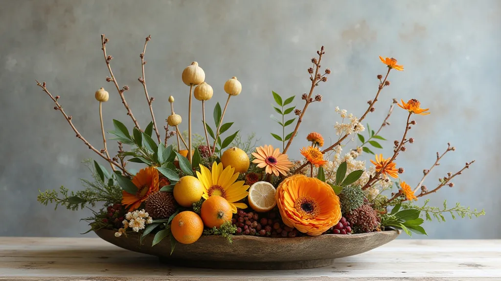 Ikebana arrangement with unconventional materials